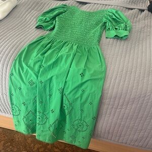 Ganni Kelly Green Midi Dress with Puff Sleeves